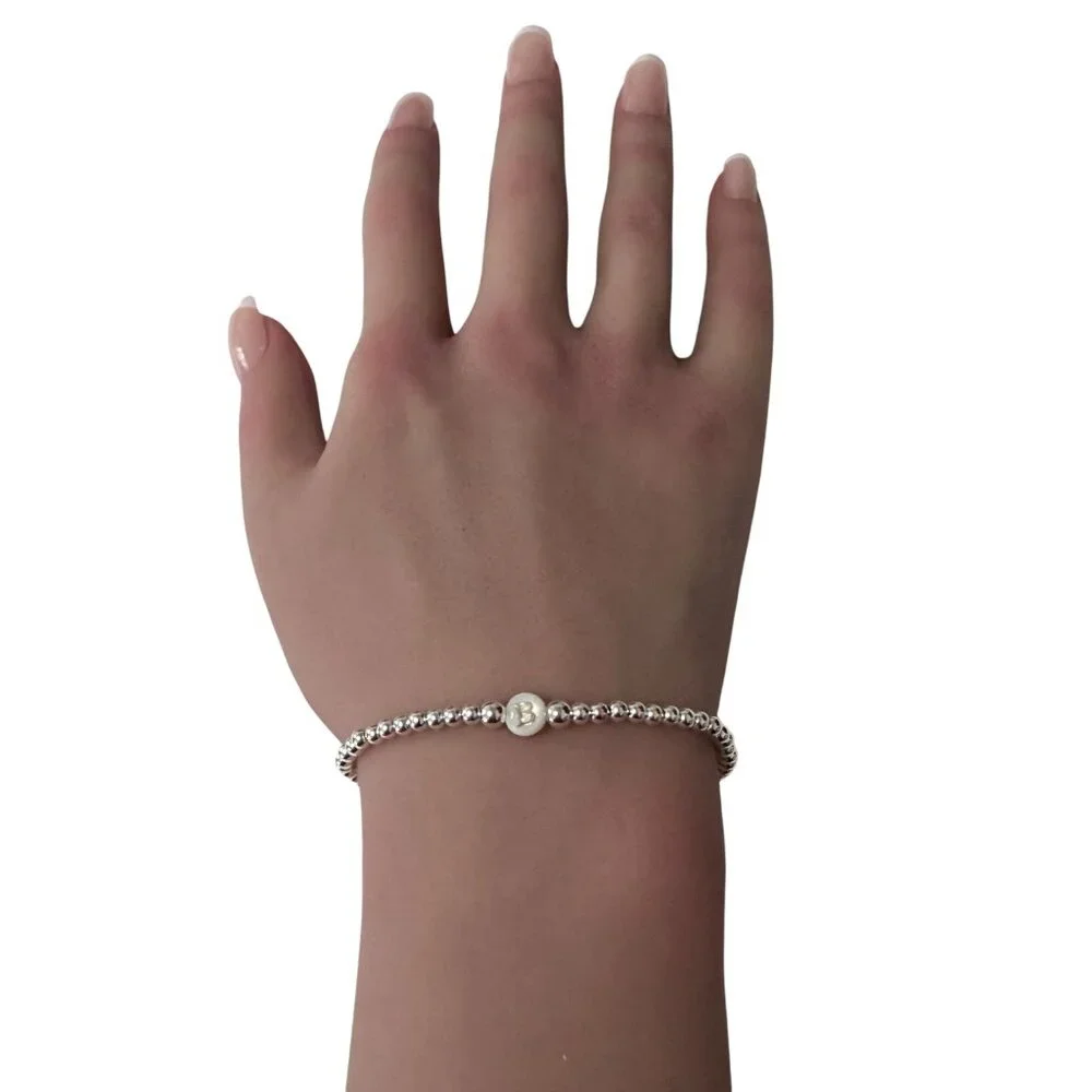 925 Sterling Silver Beaded Stretch Stacking Bracelet MOP Letter Initial B - Picture 6 of 6
